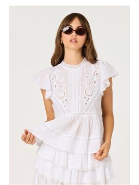 FRNCH Crista Eyelet White Cotton Blouse S Floral Embroidered BNWT Cropped Shirt